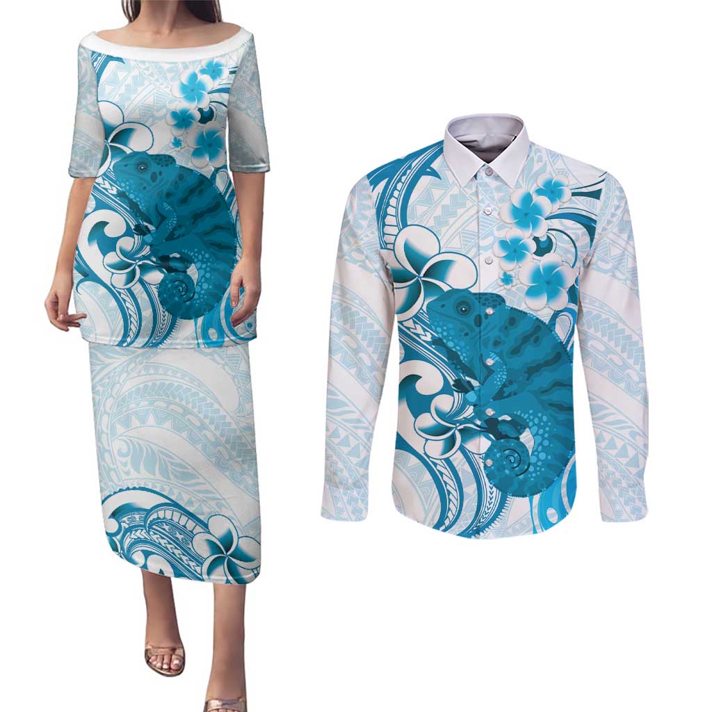 Cyan And White Hawaii Chameleon Couples Matching Puletasi and Long Sleeve Button Shirt Plumeria Polynesian Tribal Art LT14 Cyan - Polynesian Pride