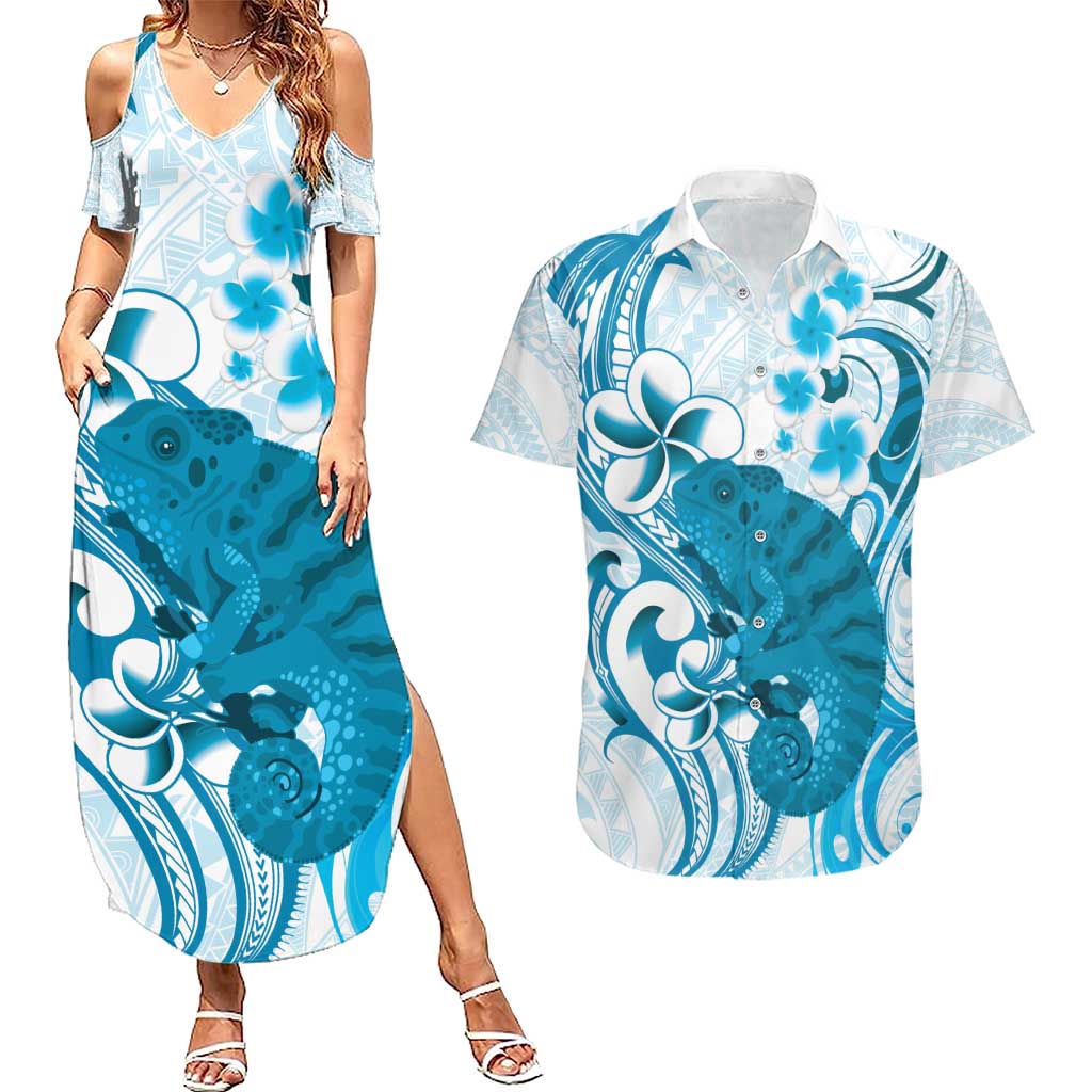Cyan And White Hawaii Chameleon Couples Matching Summer Maxi Dress and Hawaiian Shirt Plumeria Polynesian Tribal Art LT14 Cyan - Polynesian Pride