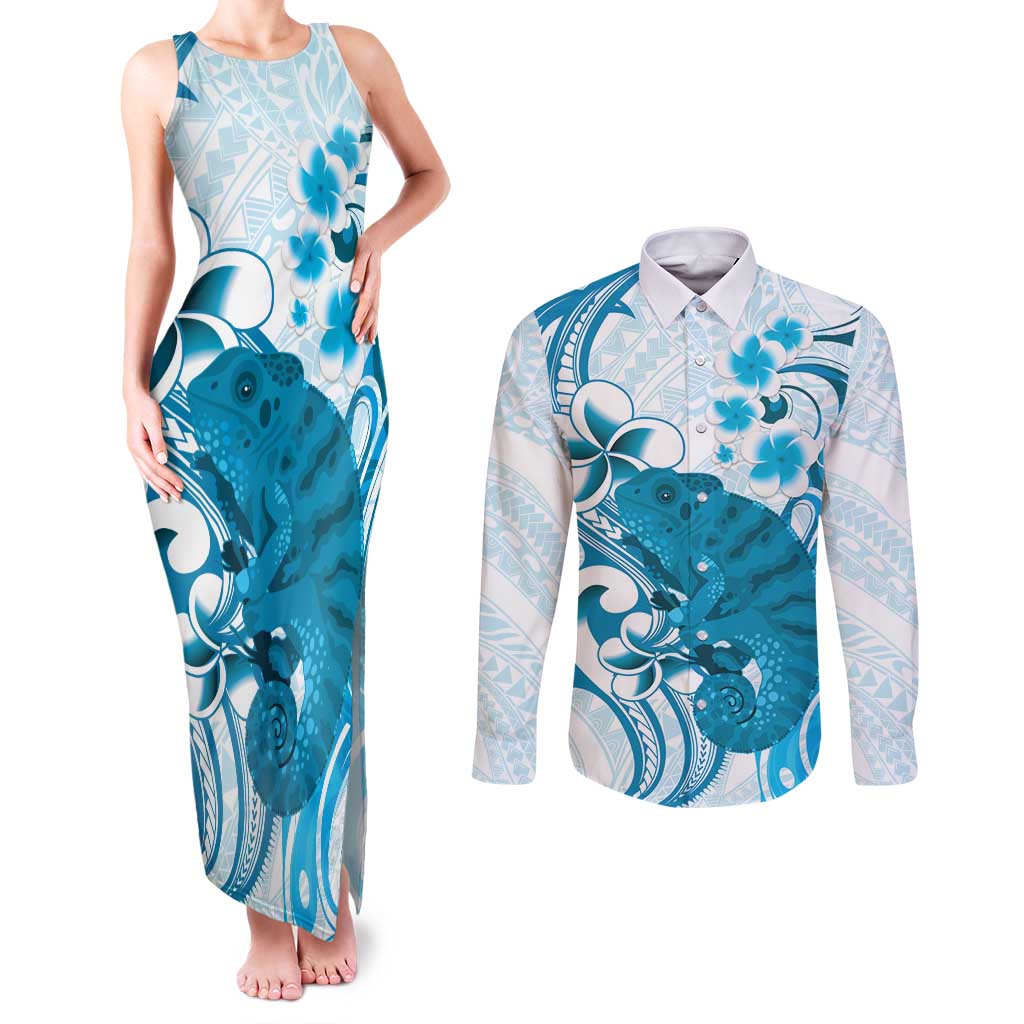 Cyan And White Hawaii Chameleon Couples Matching Tank Maxi Dress and Long Sleeve Button Shirt Plumeria Polynesian Tribal Art LT14 Cyan - Polynesian Pride
