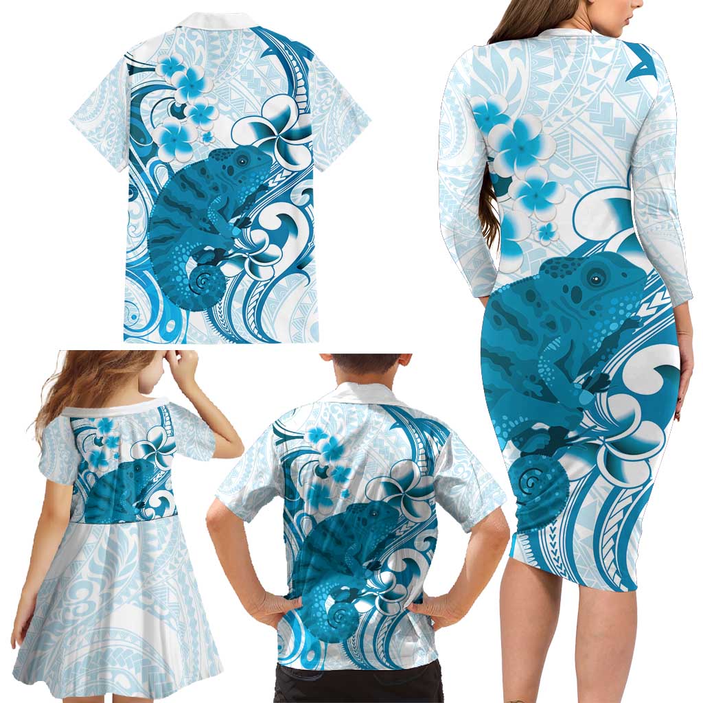 Cyan And White Hawaii Chameleon Family Matching Long Sleeve Bodycon Dress and Hawaiian Shirt Plumeria Polynesian Tribal Art