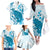 Cyan And White Hawaii Chameleon Family Matching Off The Shoulder Long Sleeve Dress and Hawaiian Shirt Plumeria Polynesian Tribal Art