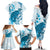 Cyan And White Hawaii Chameleon Family Matching Off The Shoulder Long Sleeve Dress and Hawaiian Shirt Plumeria Polynesian Tribal Art