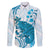 Cyan And White Hawaii Chameleon Family Matching Off The Shoulder Long Sleeve Dress and Hawaiian Shirt Plumeria Polynesian Tribal Art