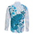 Cyan And White Hawaii Chameleon Family Matching Off The Shoulder Long Sleeve Dress and Hawaiian Shirt Plumeria Polynesian Tribal Art