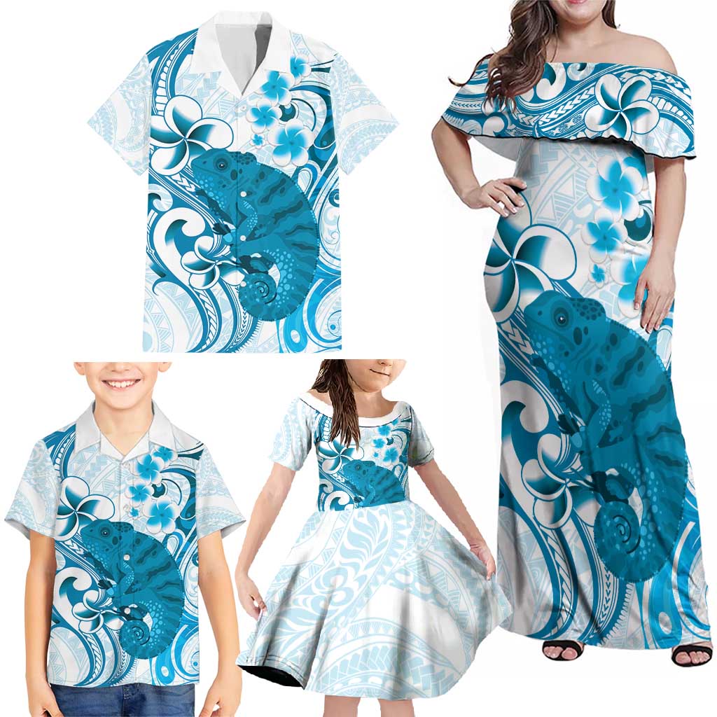 Cyan And White Hawaii Chameleon Family Matching Off Shoulder Maxi Dress and Hawaiian Shirt Plumeria Polynesian Tribal Art