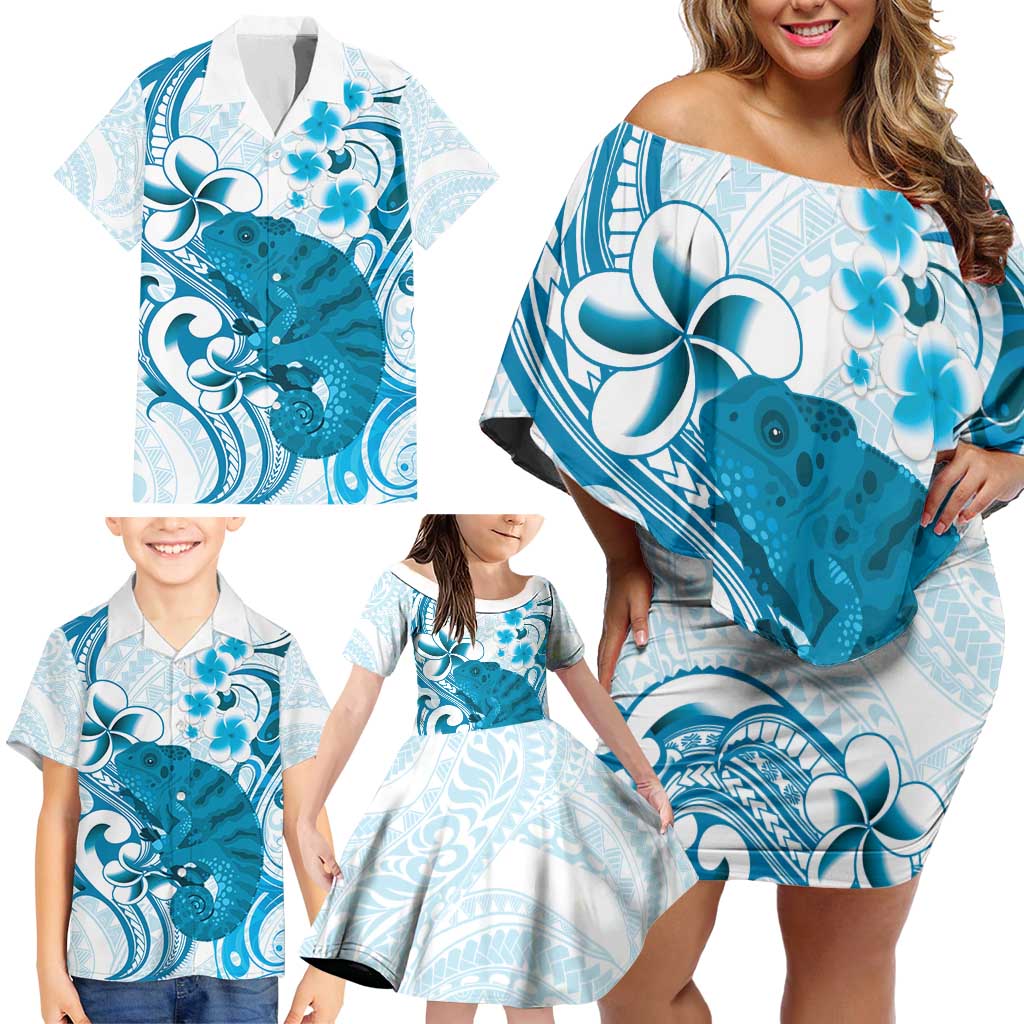 Cyan And White Hawaii Chameleon Family Matching Off Shoulder Short Dress and Hawaiian Shirt Plumeria Polynesian Tribal Art