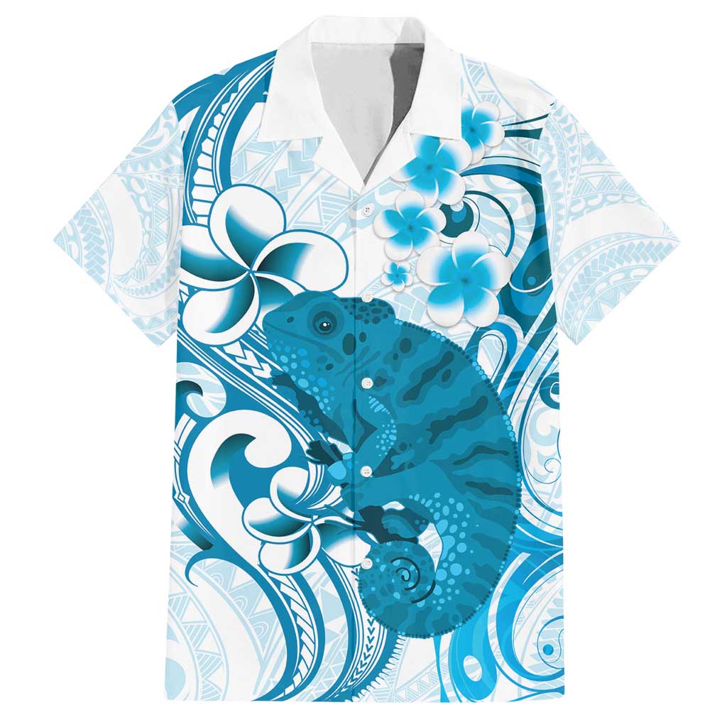 Cyan And White Hawaii Chameleon Family Matching Off Shoulder Short Dress and Hawaiian Shirt Plumeria Polynesian Tribal Art