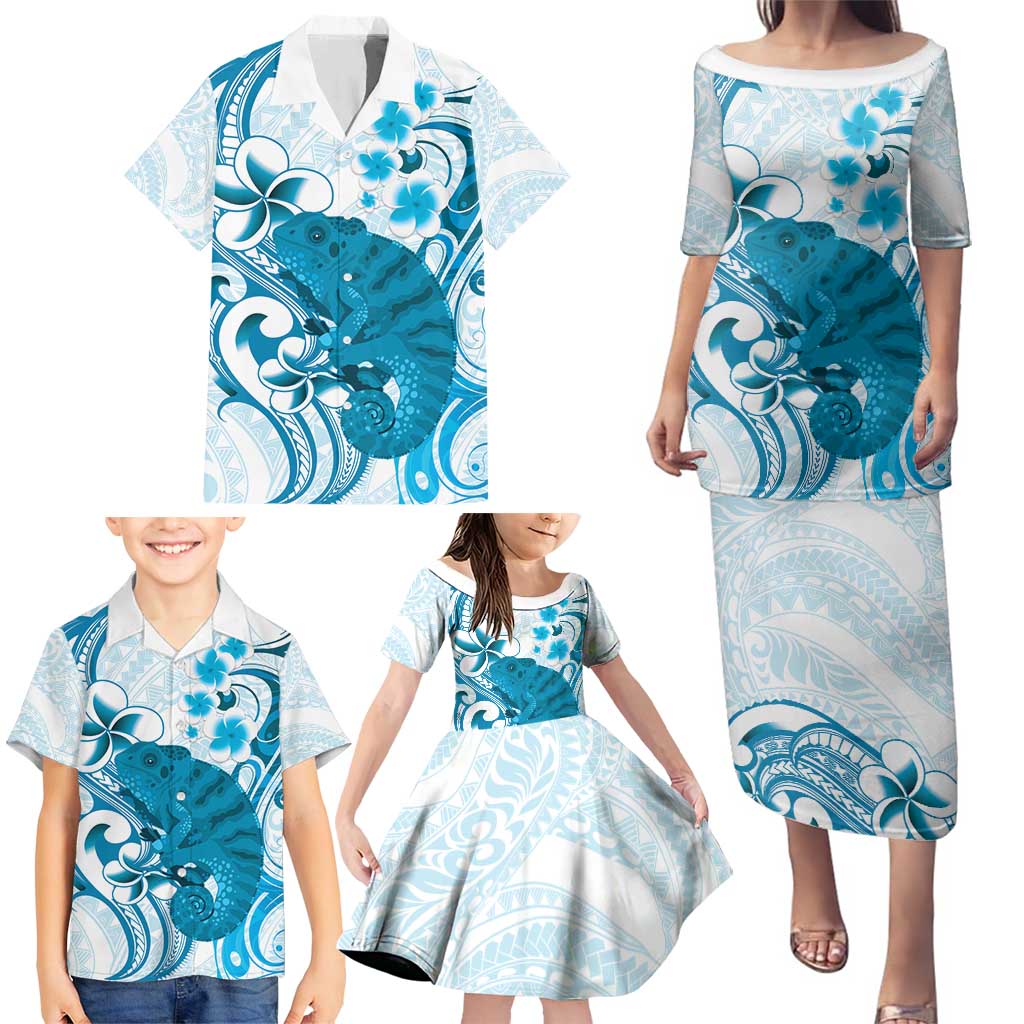 Cyan And White Hawaii Chameleon Family Matching Puletasi and Hawaiian Shirt Plumeria Polynesian Tribal Art