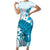 Cyan And White Hawaii Chameleon Family Matching Short Sleeve Bodycon Dress and Hawaiian Shirt Plumeria Polynesian Tribal Art