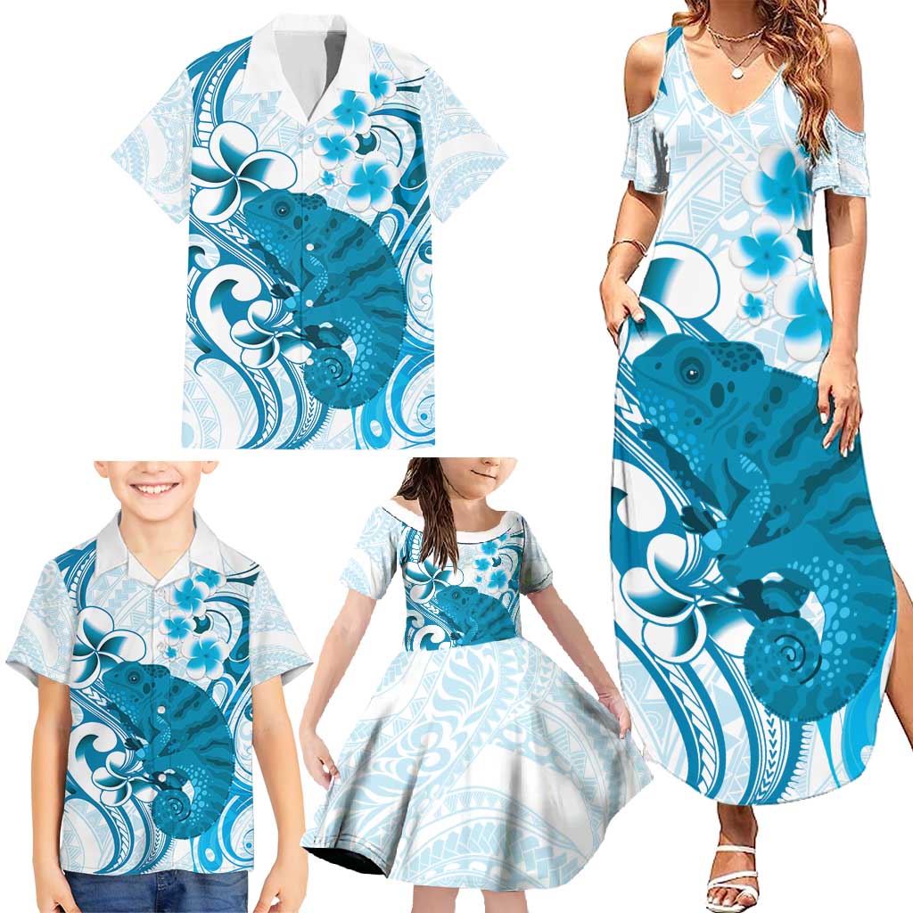 Cyan And White Hawaii Chameleon Family Matching Summer Maxi Dress and Hawaiian Shirt Plumeria Polynesian Tribal Art