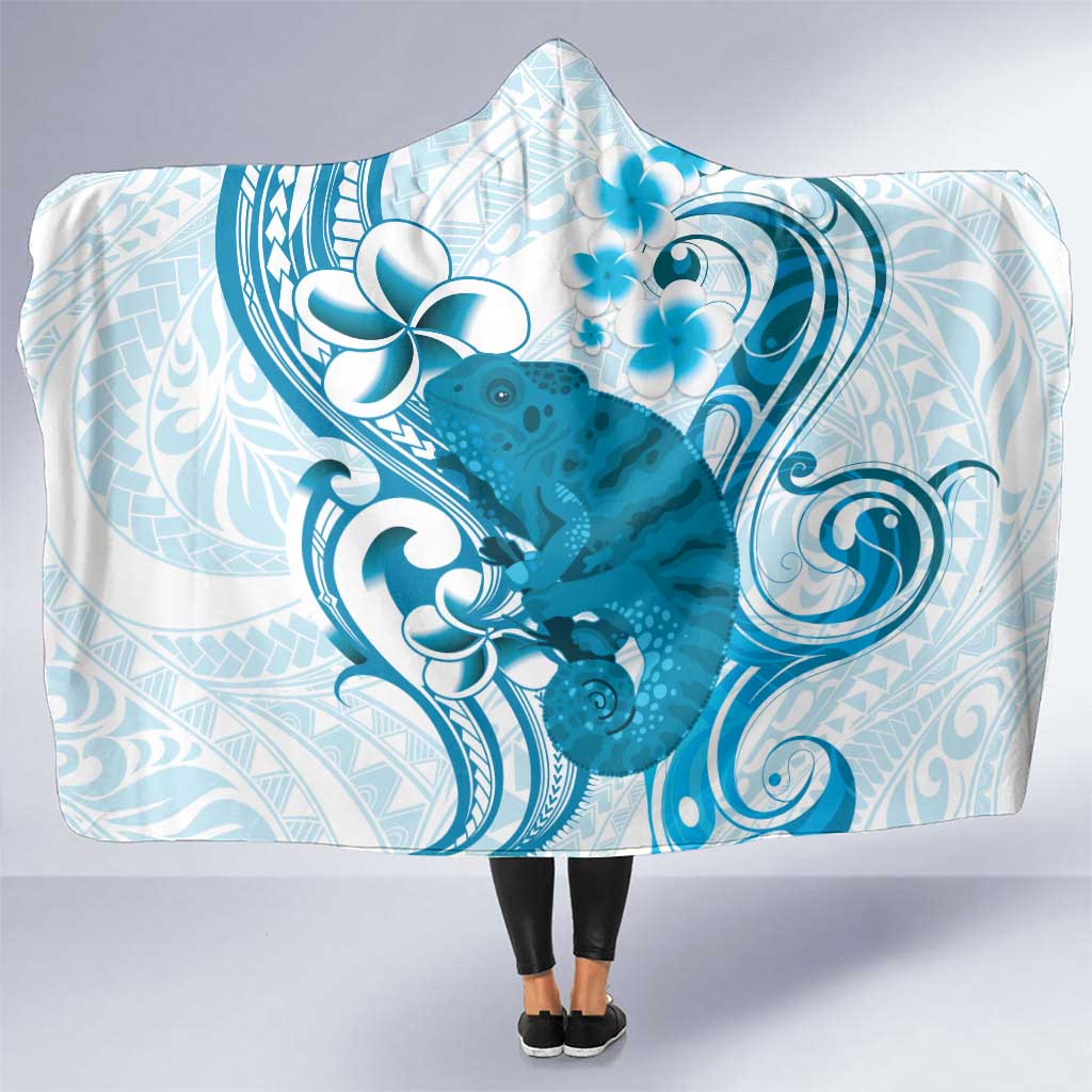 Cyan And White Hawaii Chameleon Hooded Blanket Plumeria Polynesian Tribal Art LT14 One Size Cyan - Polynesian Pride