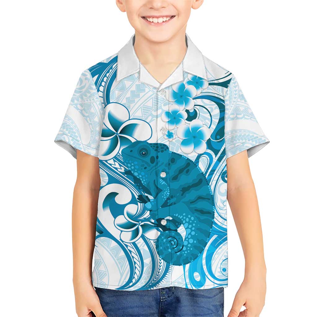 Cyan And White Hawaii Chameleon Kid Hawaiian Shirt Plumeria Polynesian Tribal Art