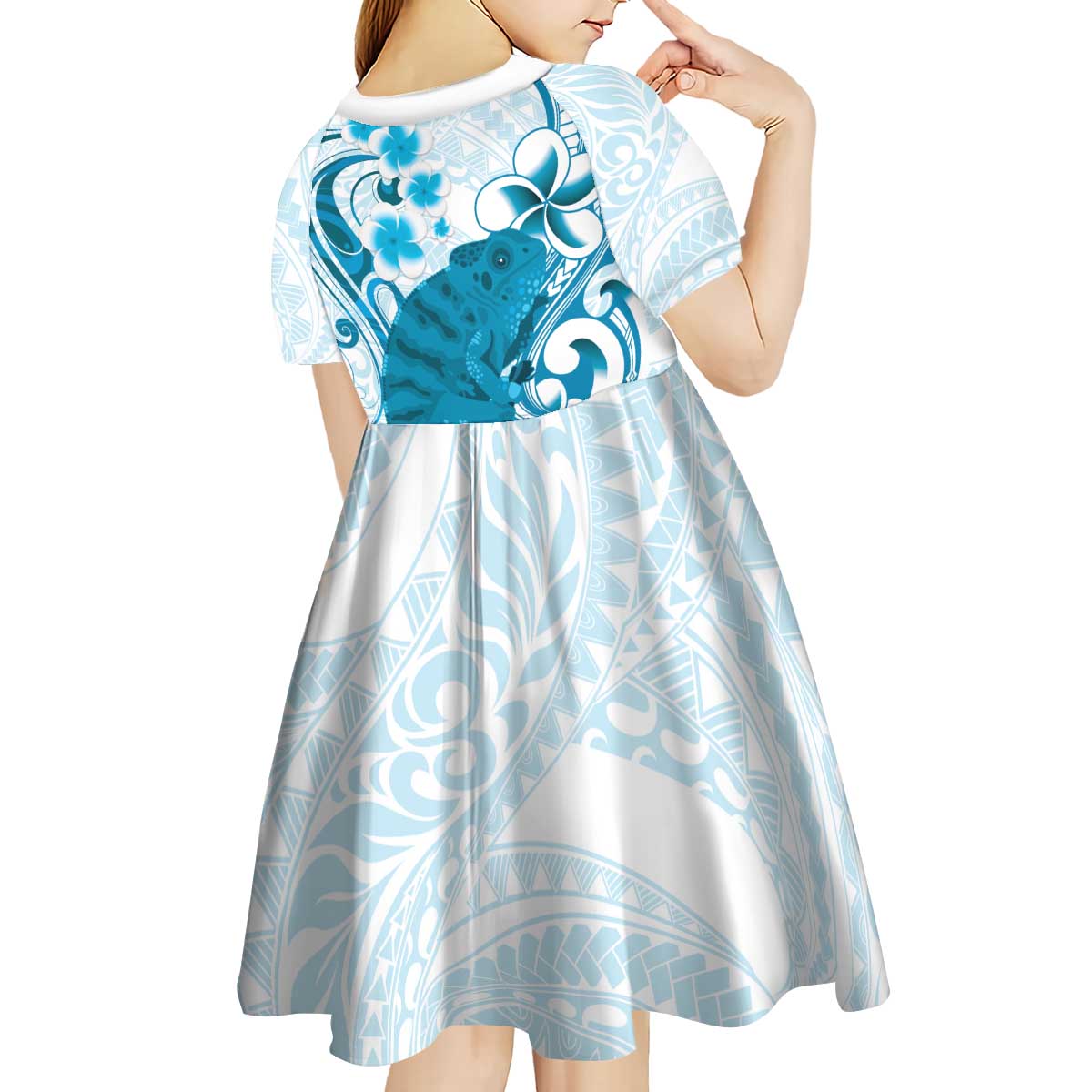 Cyan And White Hawaii Chameleon Kid Short Sleeve Dress Plumeria Polynesian Tribal Art
