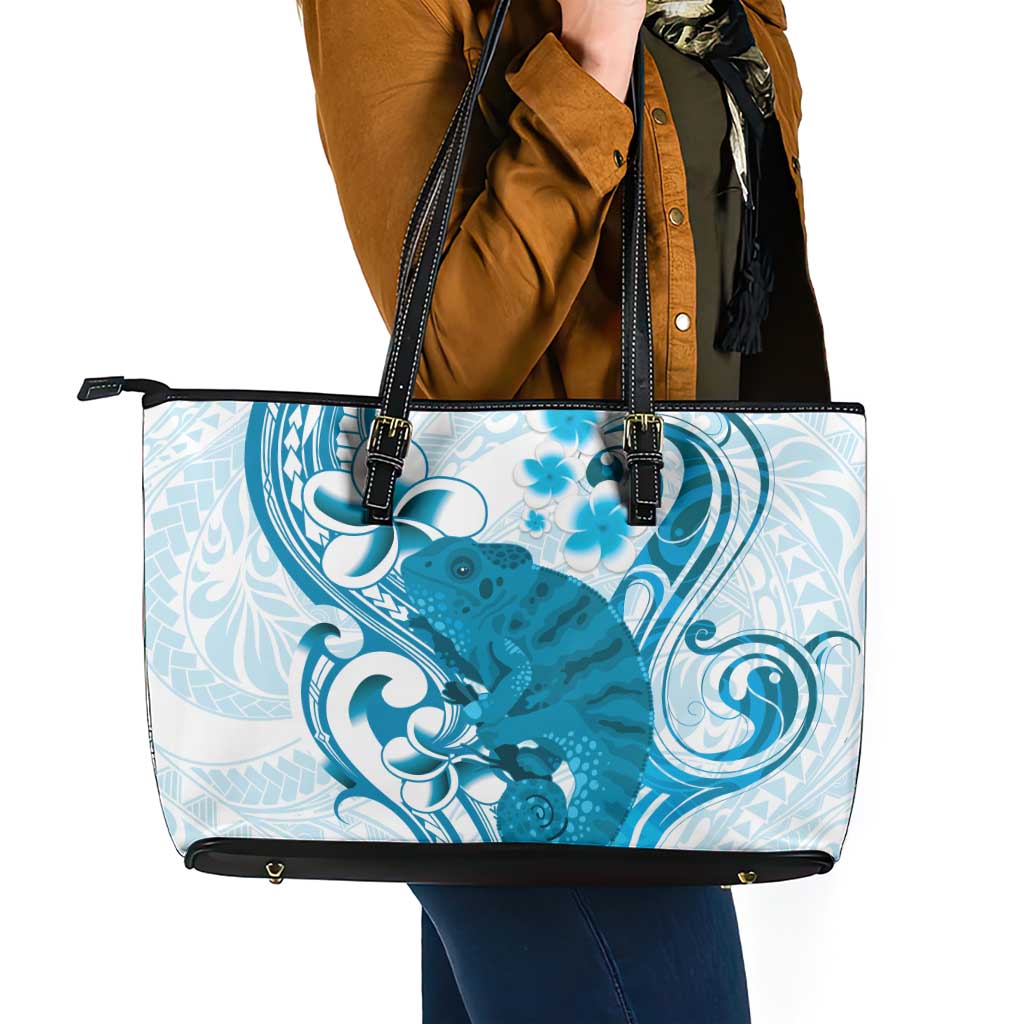Cyan And White Hawaii Chameleon Leather Tote Bag Plumeria Polynesian Tribal Art LT14 - Polynesian Pride