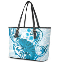 Cyan And White Hawaii Chameleon Leather Tote Bag Plumeria Polynesian Tribal Art LT14 - Polynesian Pride