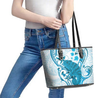 Cyan And White Hawaii Chameleon Leather Tote Bag Plumeria Polynesian Tribal Art LT14 - Polynesian Pride