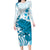 Cyan And White Hawaii Chameleon Long Sleeve Bodycon Dress Plumeria Polynesian Tribal Art