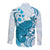 Cyan And White Hawaii Chameleon Long Sleeve Button Shirt Plumeria Polynesian Tribal Art