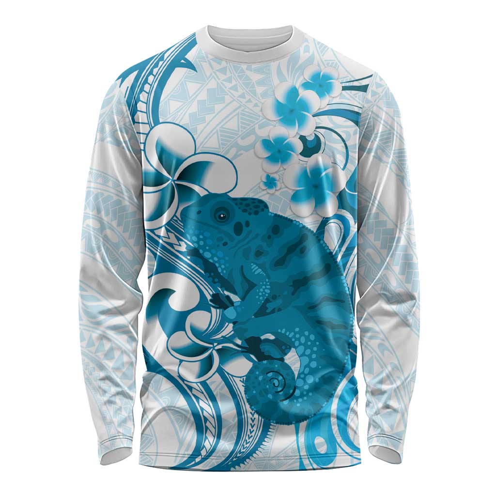 Cyan And White Hawaii Chameleon Long Sleeve Shirt Plumeria Polynesian Tribal Art