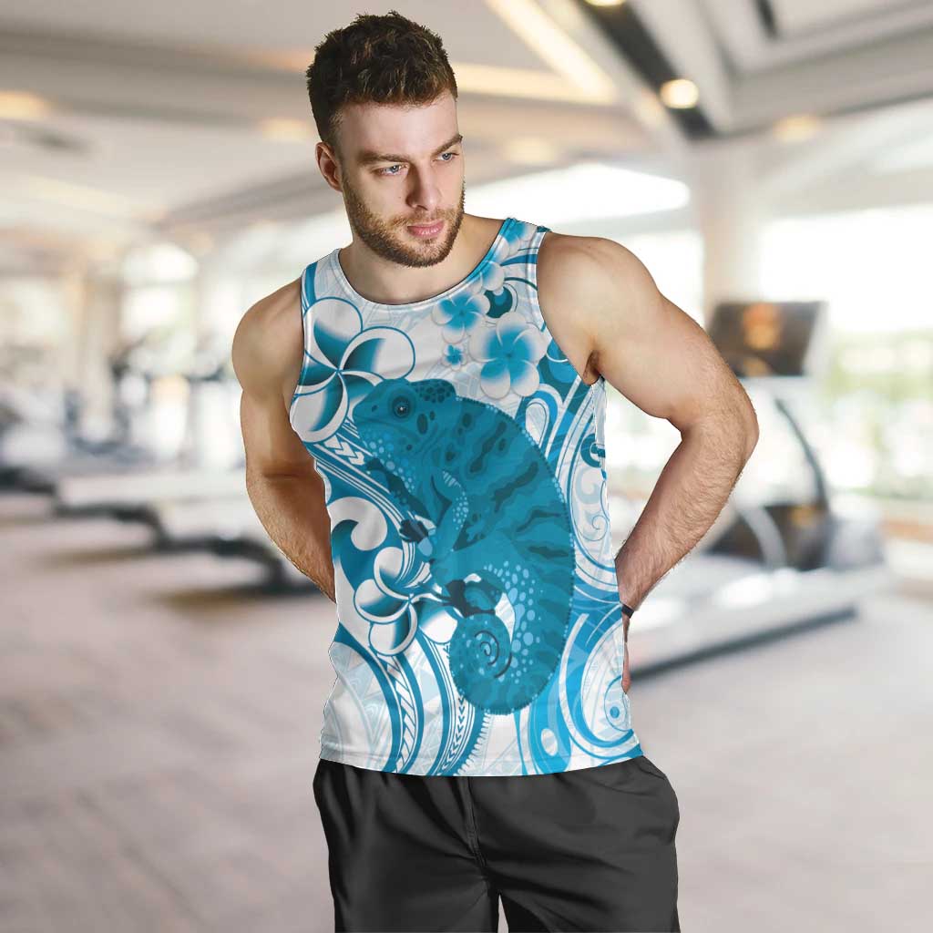 Cyan And White Hawaii Chameleon Men Tank Top Plumeria Polynesian Tribal Art