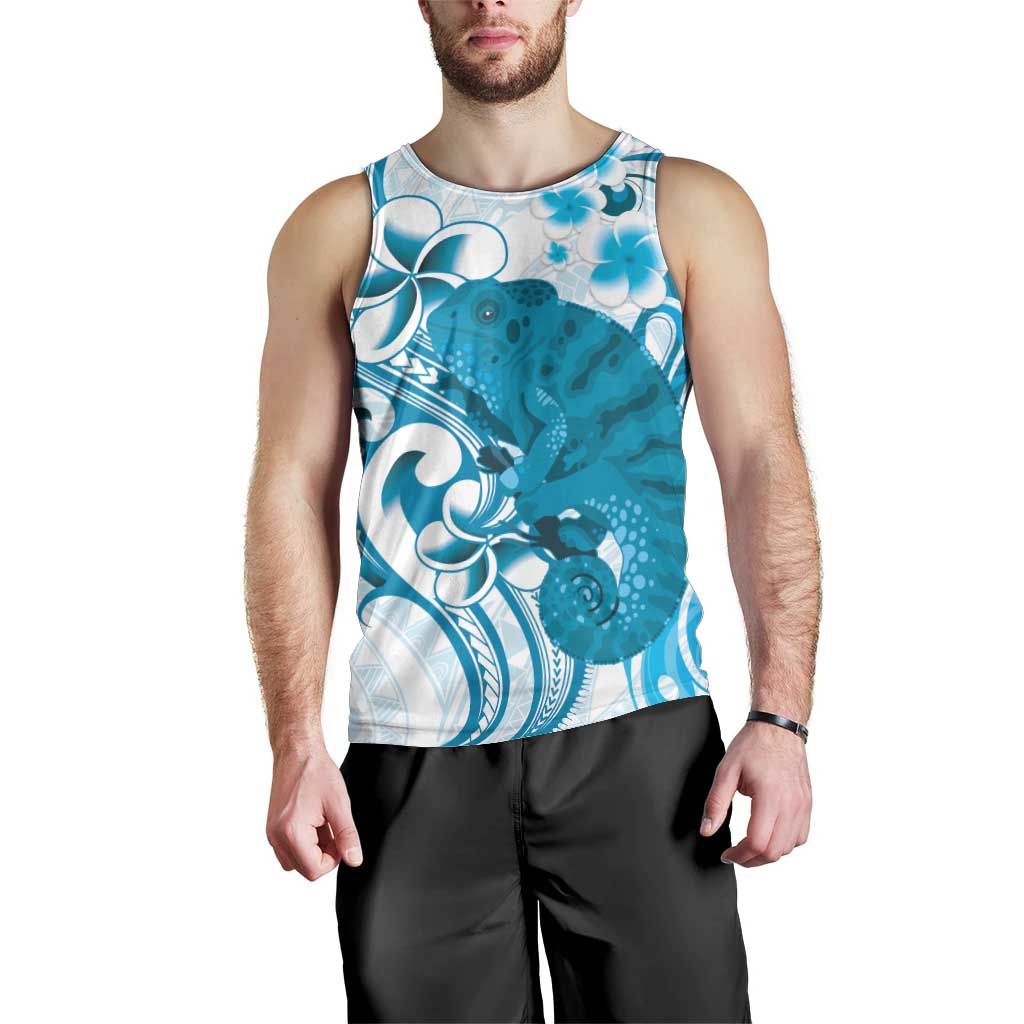 Cyan And White Hawaii Chameleon Men Tank Top Plumeria Polynesian Tribal Art LT14 - Polynesian Pride