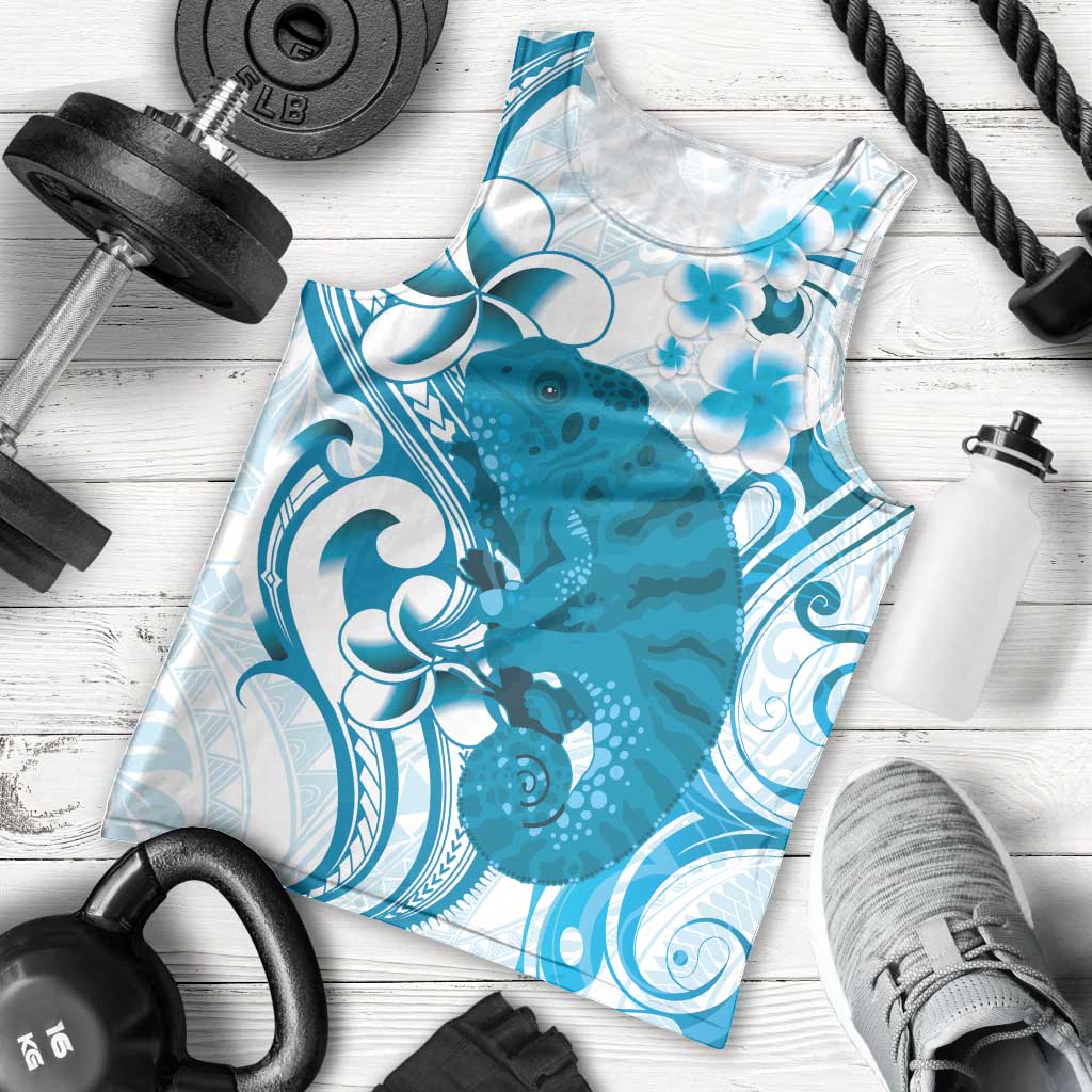 Cyan And White Hawaii Chameleon Men Tank Top Plumeria Polynesian Tribal Art LT14 - Polynesian Pride
