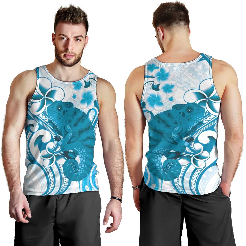 Cyan And White Hawaii Chameleon Men Tank Top Plumeria Polynesian Tribal Art LT14 - Polynesian Pride