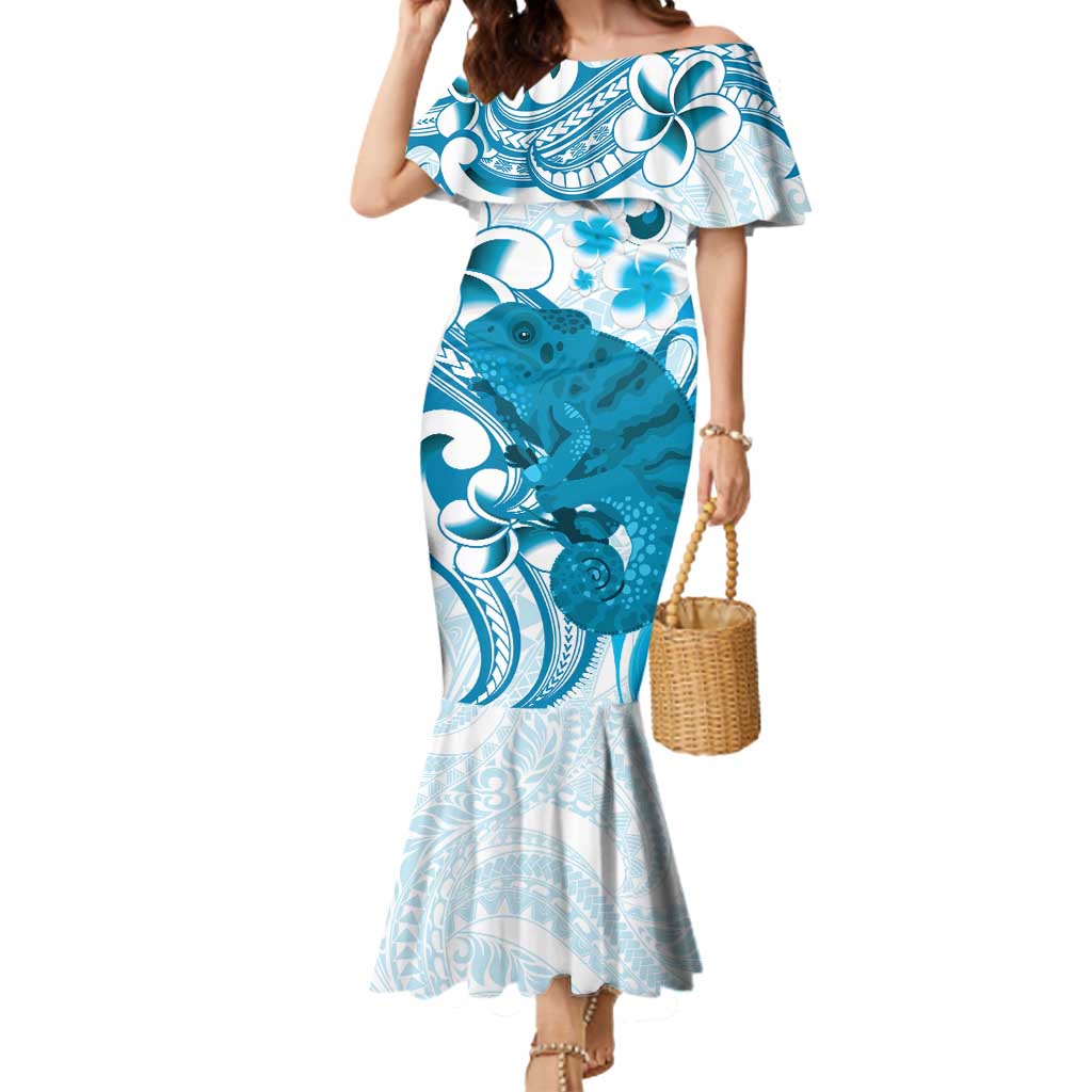 Cyan And White Hawaii Chameleon Mermaid Dress Plumeria Polynesian Tribal Art