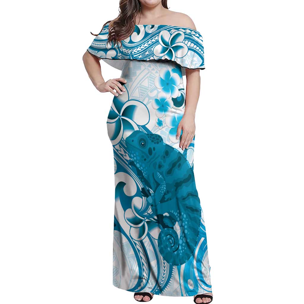 Cyan And White Hawaii Chameleon Off Shoulder Maxi Dress Plumeria Polynesian Tribal Art LT14 Women Cyan - Polynesian Pride