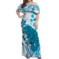 Cyan And White Hawaii Chameleon Off Shoulder Maxi Dress Plumeria Polynesian Tribal Art LT14 Women Cyan - Polynesian Pride