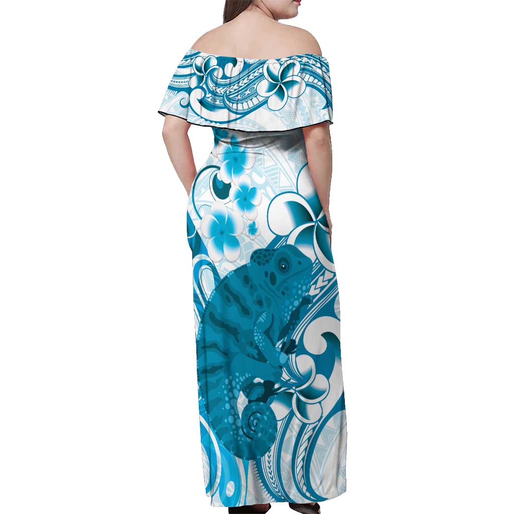 Cyan And White Hawaii Chameleon Off Shoulder Maxi Dress Plumeria Polynesian Tribal Art LT14 - Polynesian Pride
