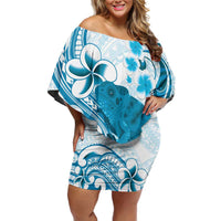 Cyan And White Hawaii Chameleon Off Shoulder Short Dress Plumeria Polynesian Tribal Art LT14 Women Cyan - Polynesian Pride