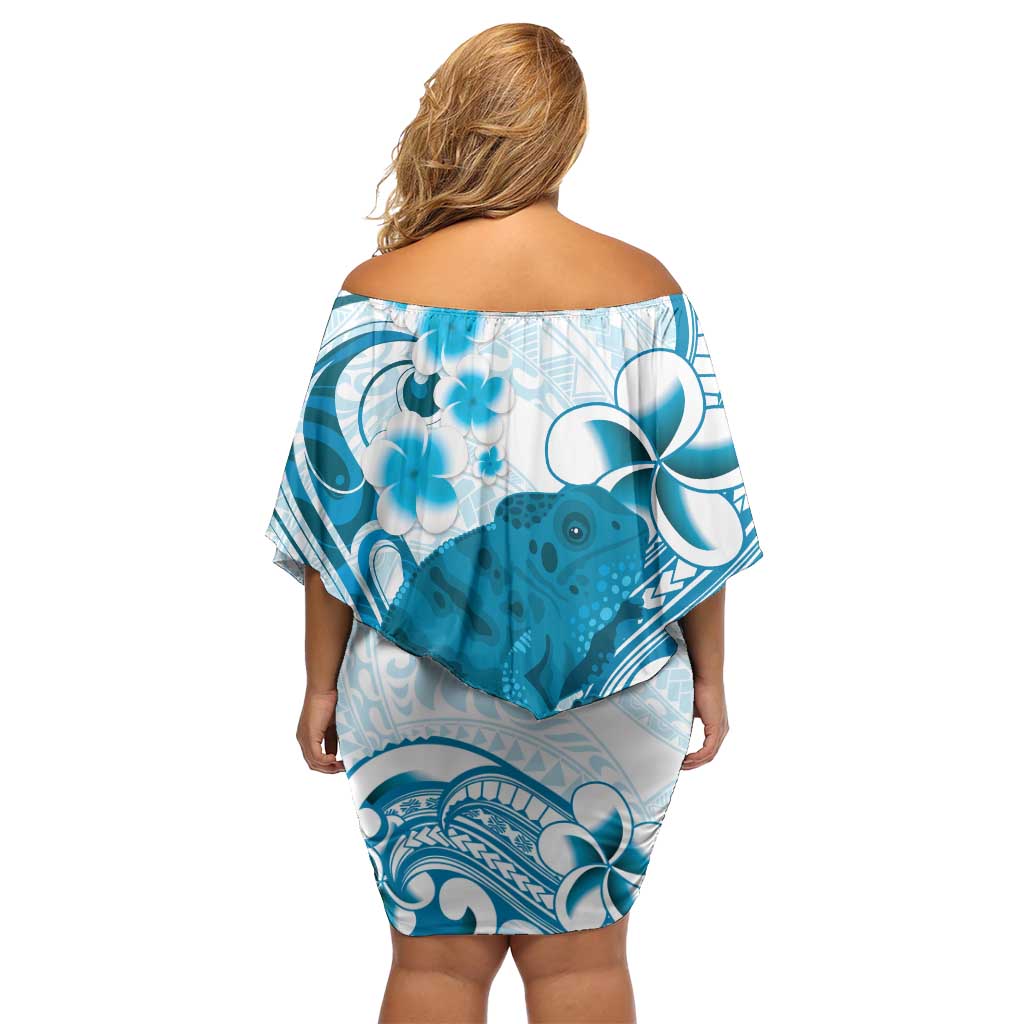 Cyan And White Hawaii Chameleon Off Shoulder Short Dress Plumeria Polynesian Tribal Art LT14 - Polynesian Pride