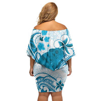 Cyan And White Hawaii Chameleon Off Shoulder Short Dress Plumeria Polynesian Tribal Art LT14 - Polynesian Pride