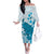 Cyan And White Hawaii Chameleon Off The Shoulder Long Sleeve Dress Plumeria Polynesian Tribal Art