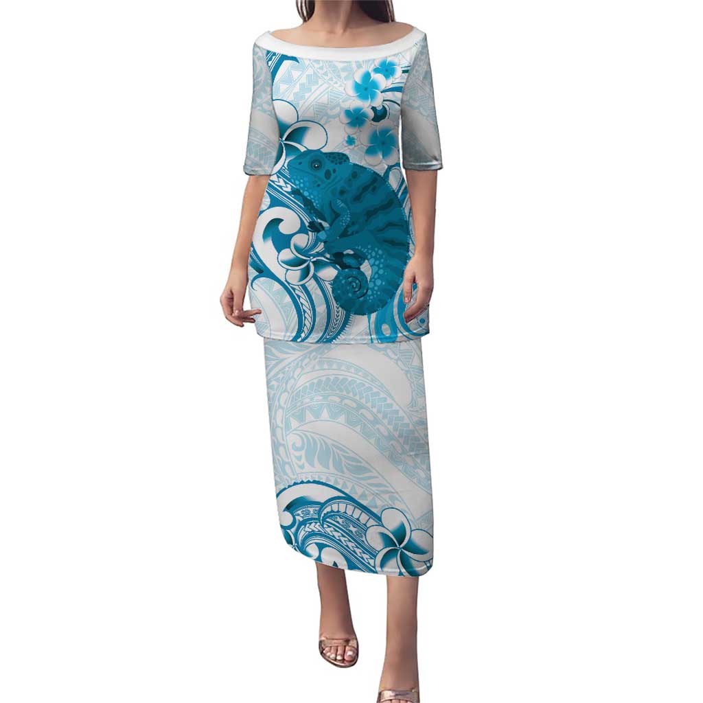 Cyan And White Hawaii Chameleon Puletasi Plumeria Polynesian Tribal Art LT14 Long Dress Cyan - Polynesian Pride