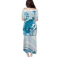 Cyan And White Hawaii Chameleon Puletasi Plumeria Polynesian Tribal Art LT14 - Polynesian Pride