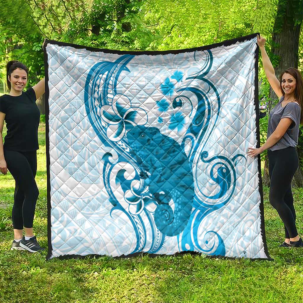 Cyan And White Hawaii Chameleon Quilt Plumeria Polynesian Tribal Art