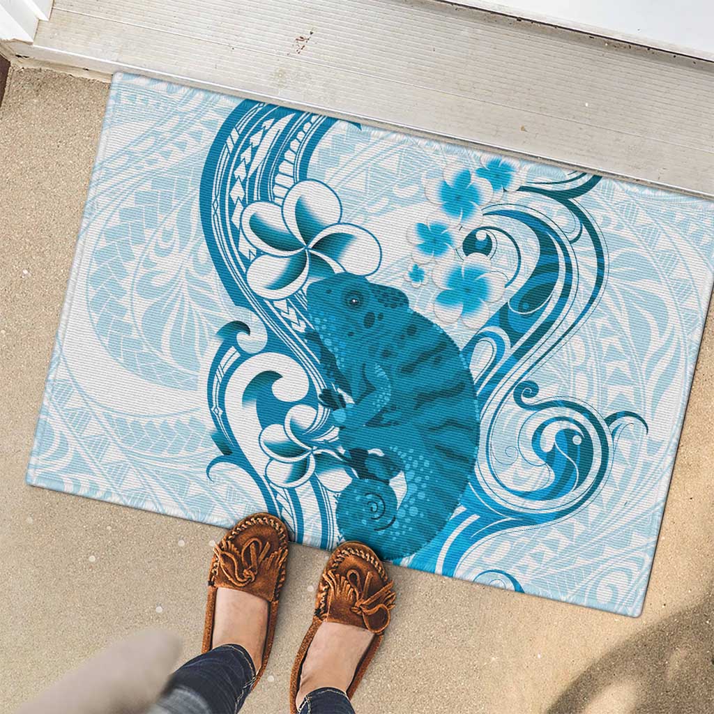 Cyan And White Hawaii Chameleon Rubber Doormat Plumeria Polynesian Tribal Art LT14 - Polynesian Pride