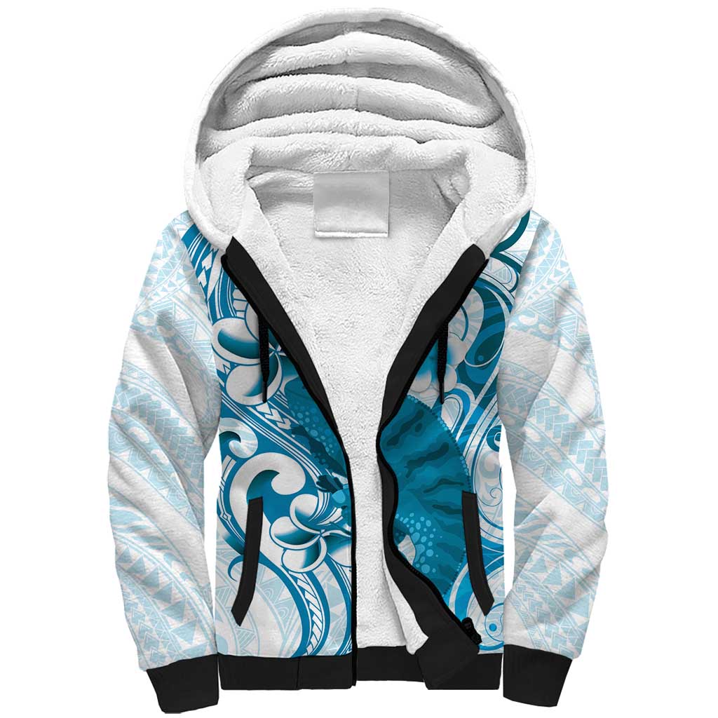 Cyan And White Hawaii Chameleon Sherpa Hoodie Plumeria Polynesian Tribal Art LT14 Unisex Cyan - Polynesian Pride