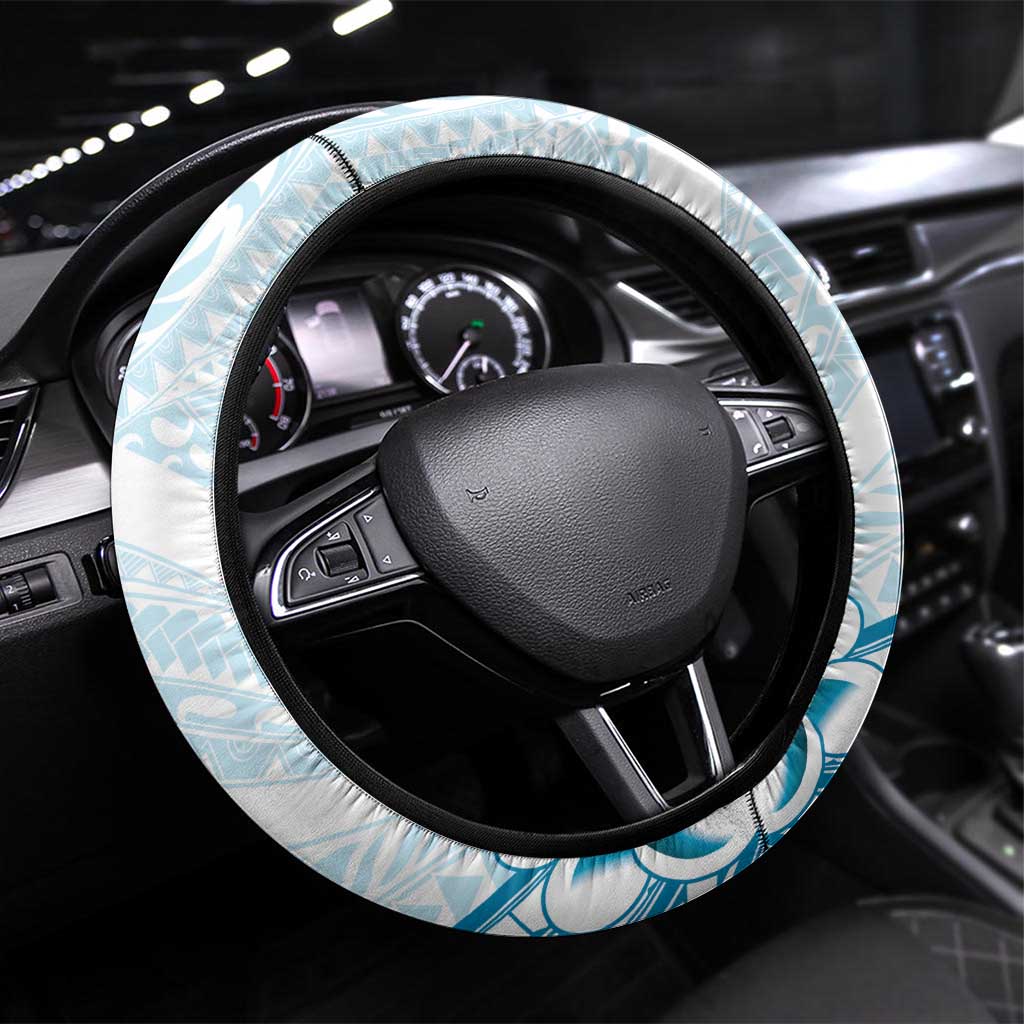 Cyan And White Hawaii Chameleon Steering Wheel Cover Plumeria Polynesian Tribal Art LT14 Universal Fit Cyan - Polynesian Pride
