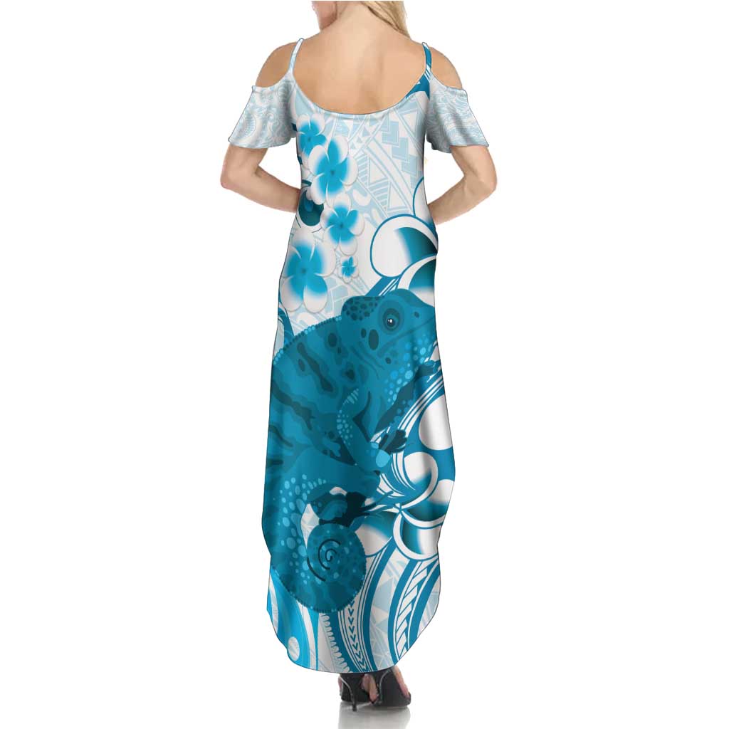 Cyan And White Hawaii Chameleon Summer Maxi Dress Plumeria Polynesian Tribal Art LT14 - Polynesian Pride
