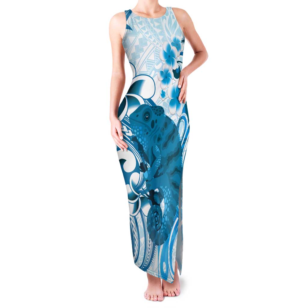 Cyan And White Hawaii Chameleon Tank Maxi Dress Plumeria Polynesian Tribal Art