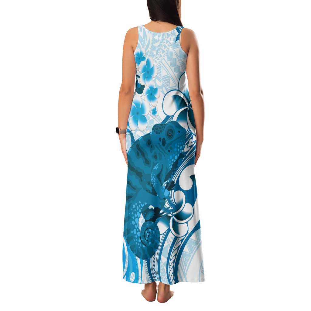 Cyan And White Hawaii Chameleon Tank Maxi Dress Plumeria Polynesian Tribal Art LT14 - Polynesian Pride