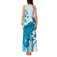 Cyan And White Hawaii Chameleon Tank Maxi Dress Plumeria Polynesian Tribal Art LT14 - Polynesian Pride