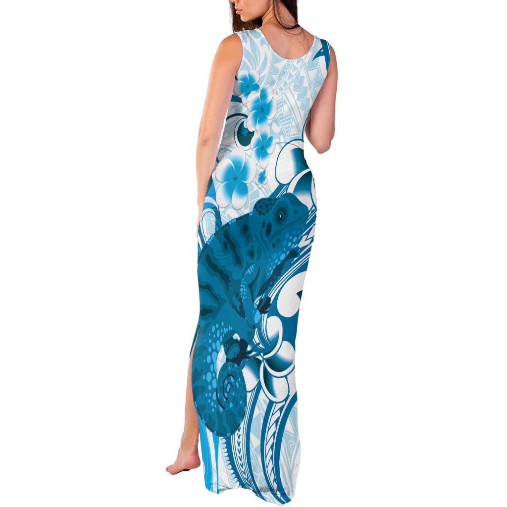 Cyan And White Hawaii Chameleon Tank Maxi Dress Plumeria Polynesian Tribal Art LT14 - Polynesian Pride