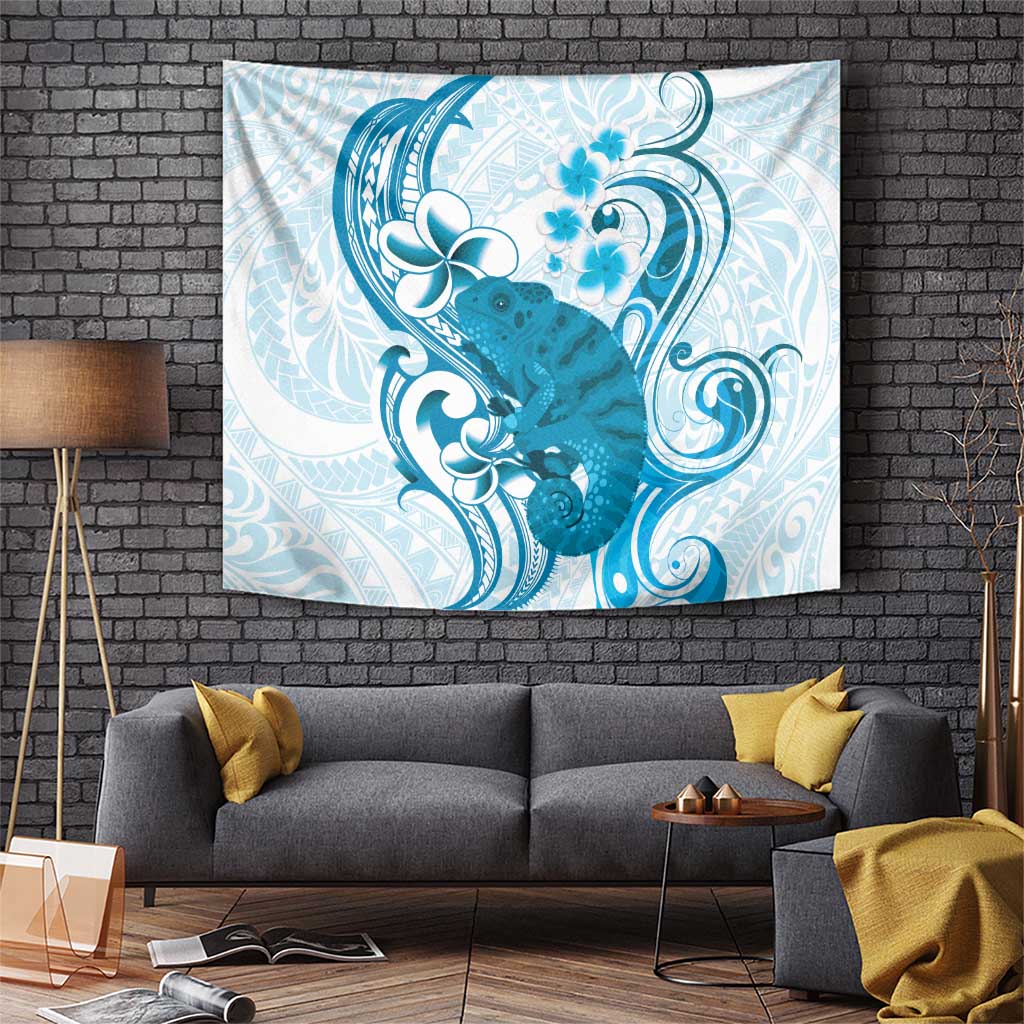 Cyan And White Hawaii Chameleon Tapestry Plumeria Polynesian Tribal Art