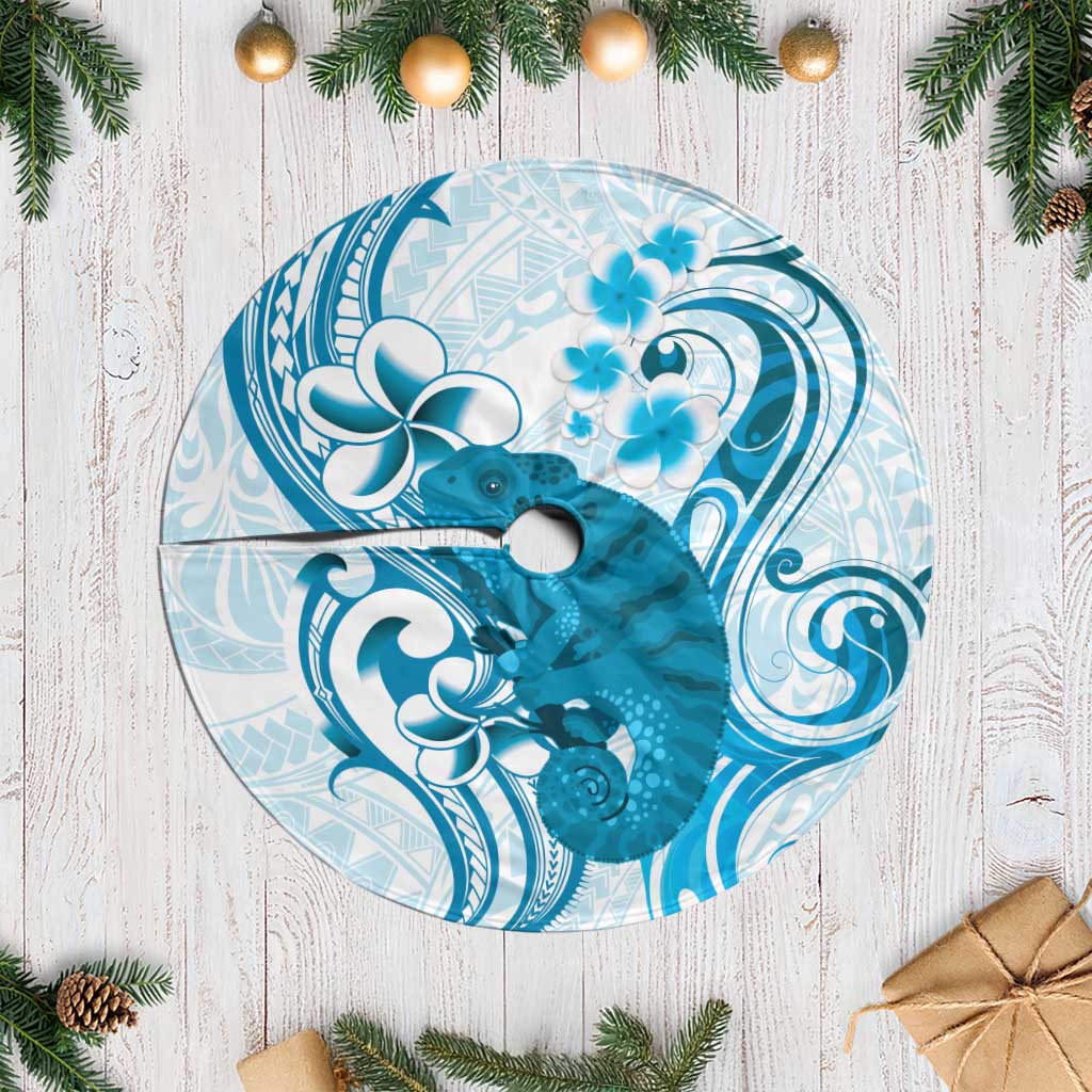 Cyan And White Hawaii Chameleon Tree Skirt Plumeria Polynesian Tribal Art