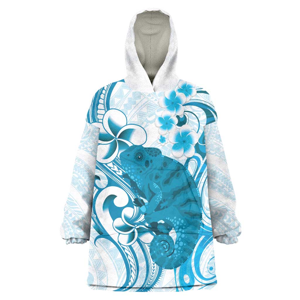 Cyan And White Hawaii Chameleon Wearable Blanket Hoodie Plumeria Polynesian Tribal Art