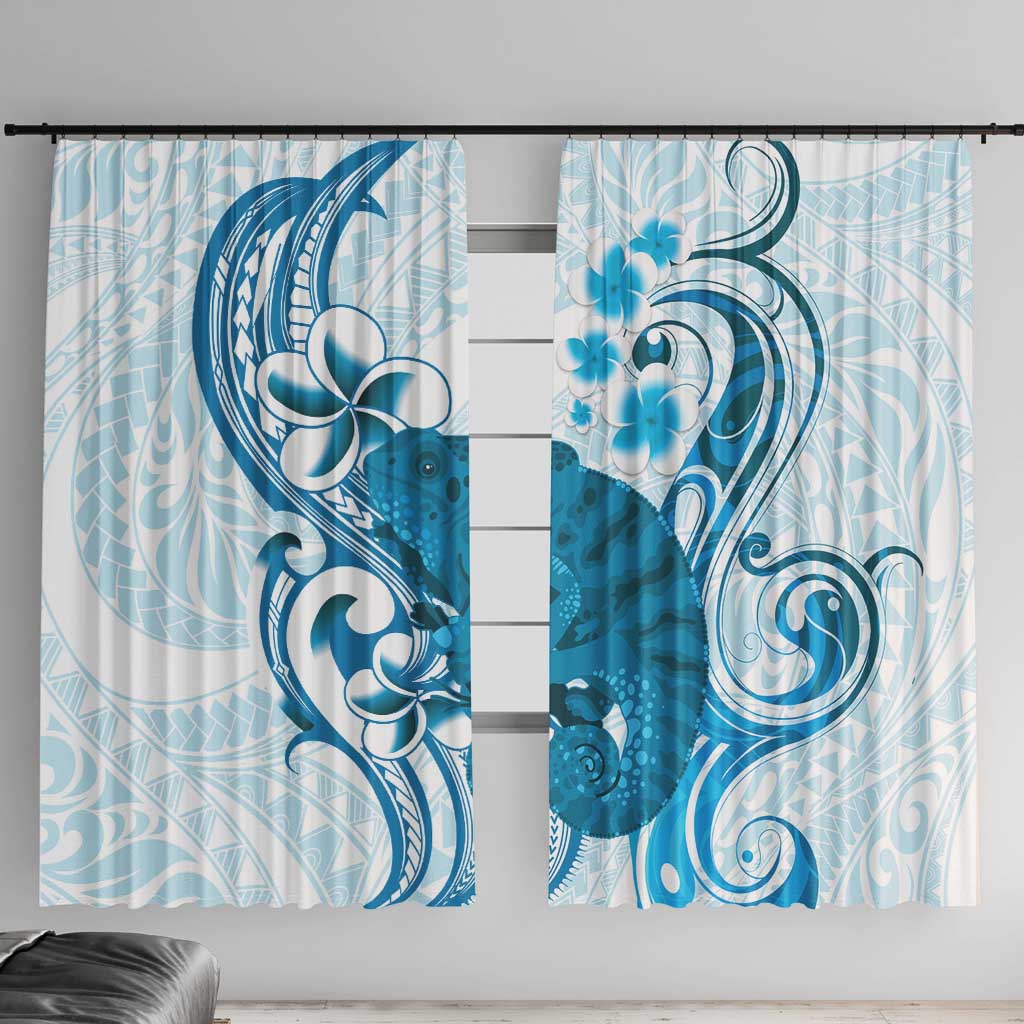 Cyan And White Hawaii Chameleon Window Curtain Plumeria Polynesian Tribal Art LT14 With Hooks Cyan - Polynesian Pride